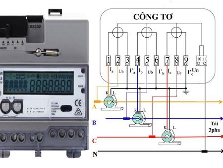 Sơ đồ đấu dây và cách đọc chỉ số công tơ điện 3 pha gián tiếp