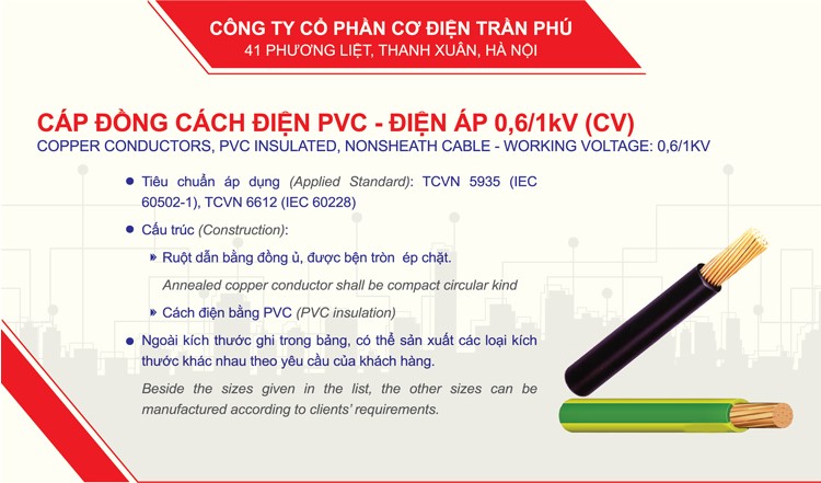 Cấu tạo của cáp đồng cách điện PVC Trần Phú