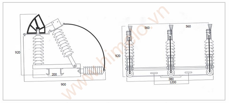 Bản vẽ kích thước Cầu dao phụ tải 24kV ngoài trời hộp dập khí loại sứ gốm 