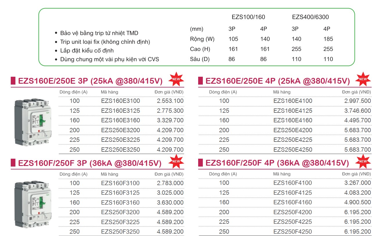 Cầu dao tự động MCCB EasyPact EZS160/250E/F EZS400/630F/N Schneider Electric